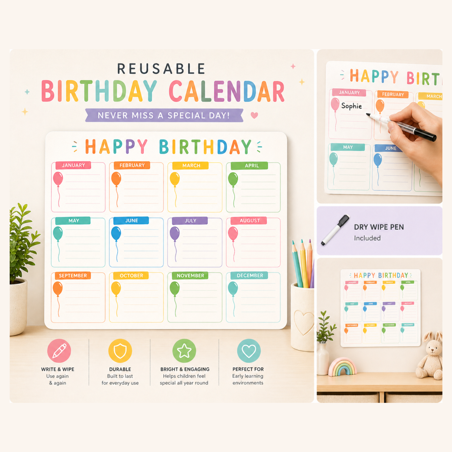 Reusable Birthday Calendar A4 | Wipe Clean Birthday Tracker for Childcare & Classroom