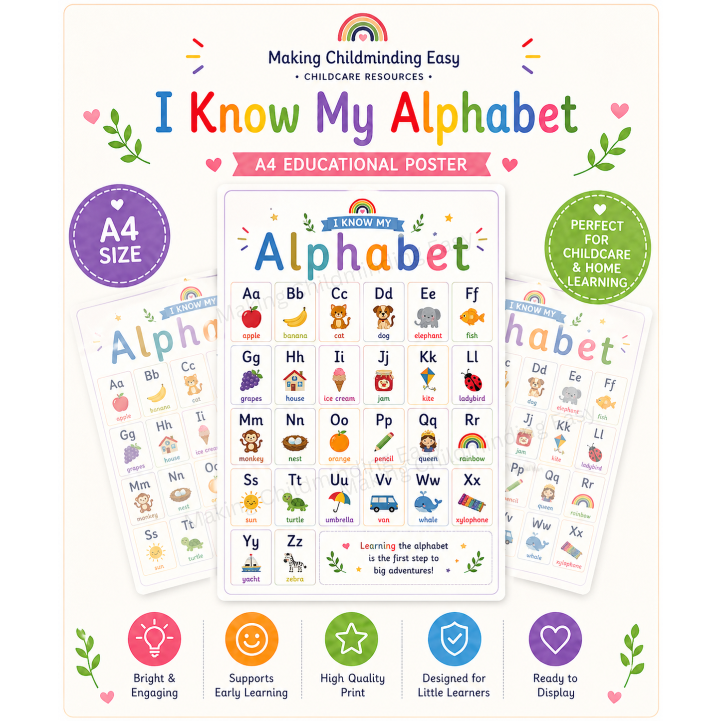 Alphabet Learning Poster A4 | EYFS ABC Chart for Childcare, Nursery & Classroom Display