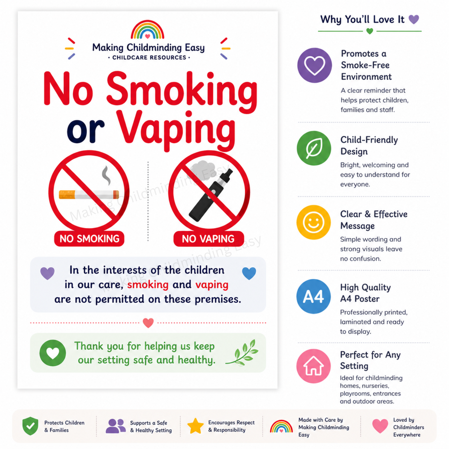 No Smoking or Vaping Poster A4 | Childcare Safety Sign | Smoke Free Premises EYFS Display