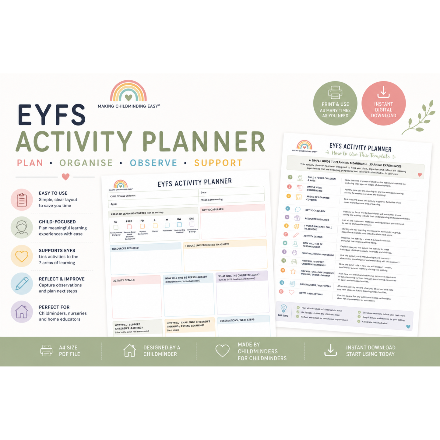 EYFS Activity Planner Template | Printable Childminder Planning Sheet | Early Years Observation & Activity Planner