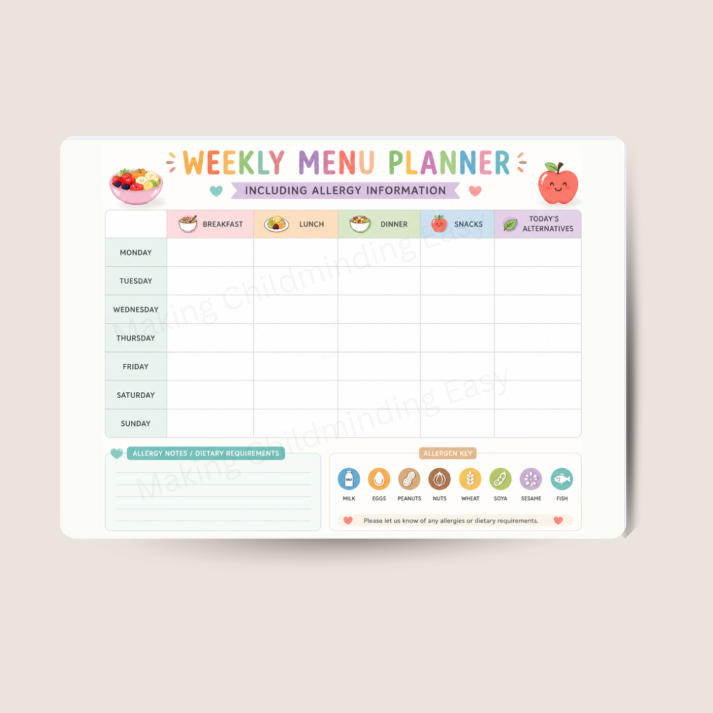 Weekly Menu Planner A4 | Reusable Wipe Clean Meal Planner with Allergy Information