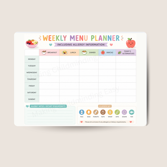 Weekly Menu Planner A4 | Reusable Wipe Clean Meal Planner with Allergy Information