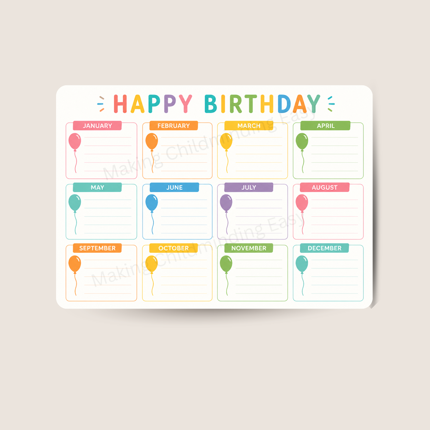 Reusable Birthday Calendar A4 | Wipe Clean Birthday Tracker for Childcare & Classroom