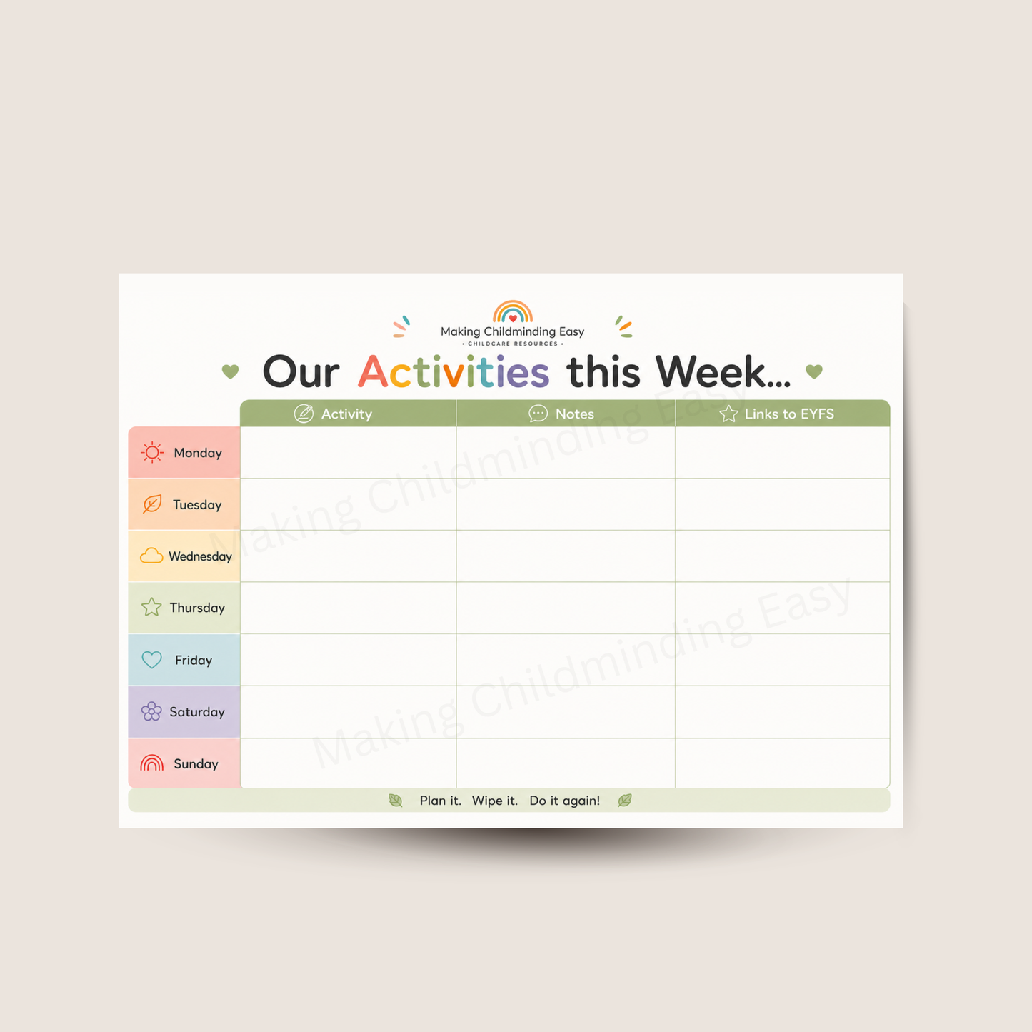 Weekly Activity Planner A4 | Reusable Wipe Clean Planner with Dry Wipe Pen | EYFS Planning Chart