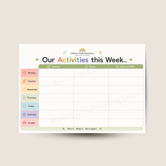 Weekly Activity Planner A4 | Reusable Wipe Clean Planner with Dry Wipe Pen | EYFS Planning Chart