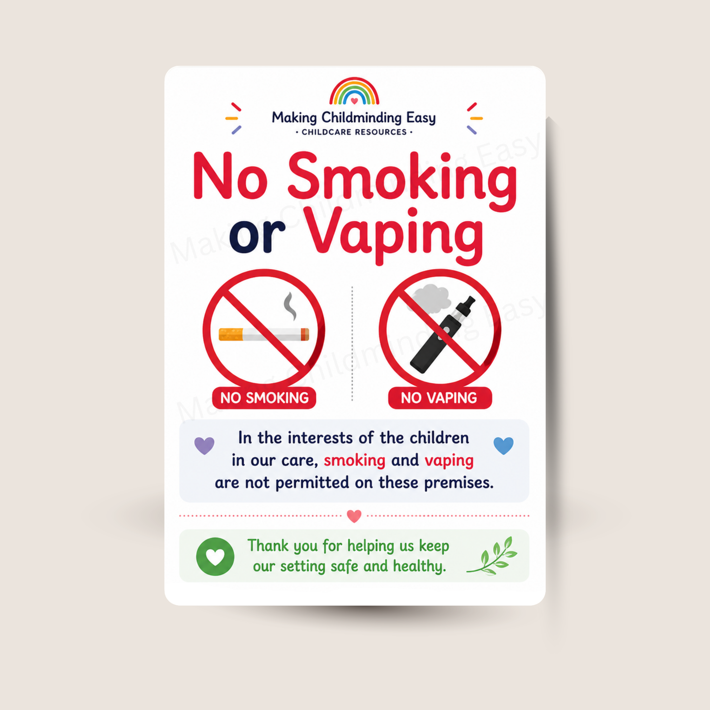 No Smoking or Vaping Poster A4 | Childcare Safety Sign | Smoke Free Premises EYFS Display