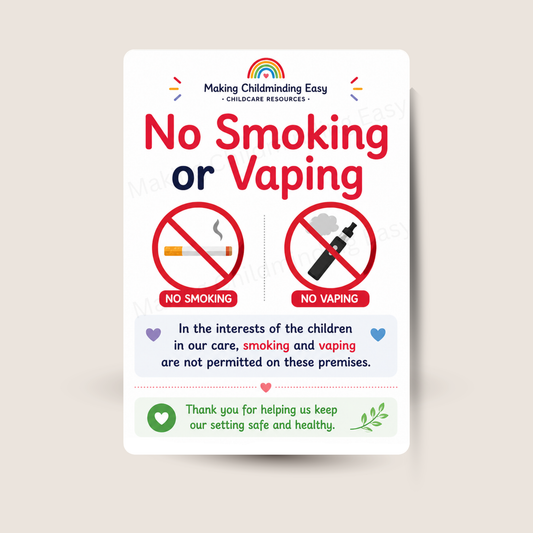 No Smoking or Vaping Poster A4 | Childcare Safety Sign | Smoke Free Premises EYFS Display