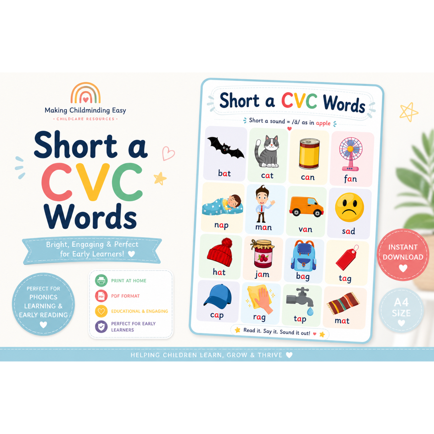 “Short ‘a’ CVC Words Learning Poster | Phonics Activity for Kids”