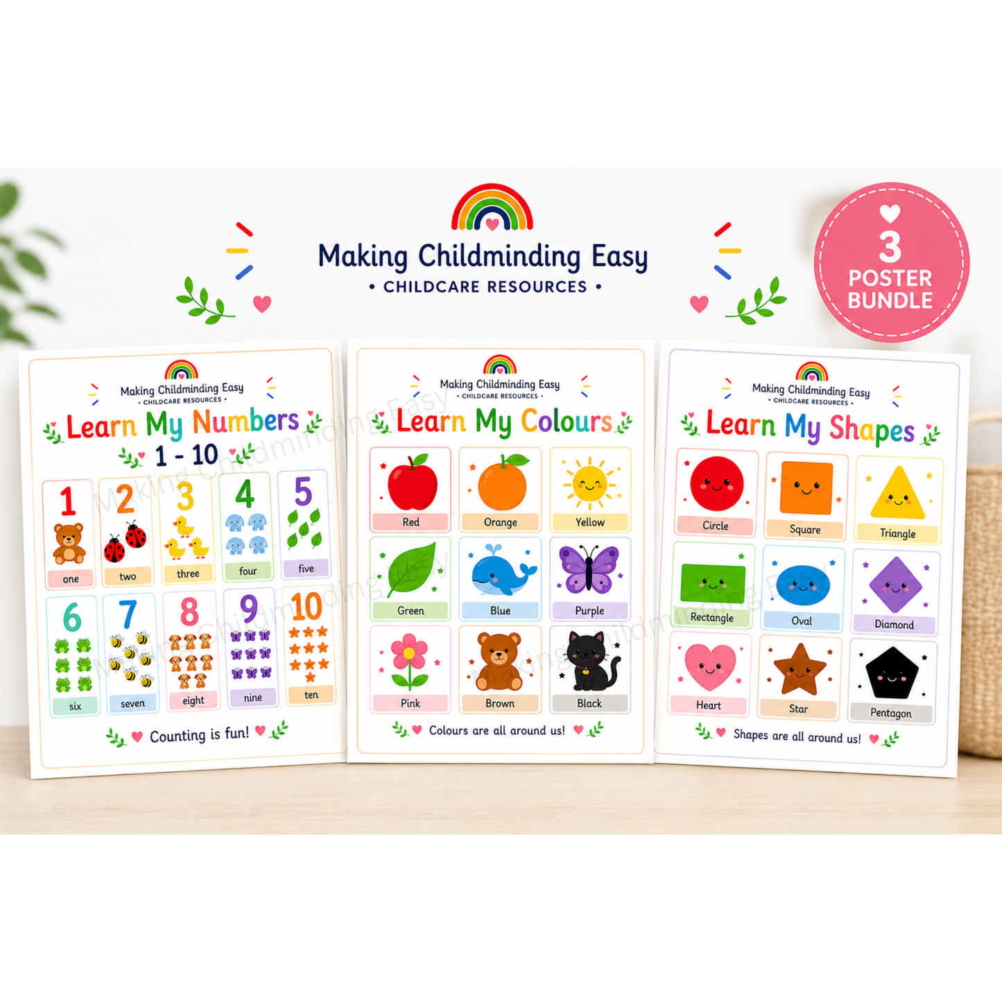 Early Learning Poster Bundle (3 Pack) A4 | Numbers Colours Shapes | EYFS Educational Wall Posters