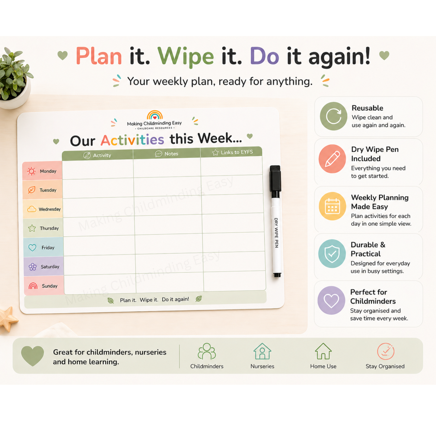 Weekly Activity Planner A4 | Reusable Wipe Clean Planner with Dry Wipe Pen | EYFS Planning Chart