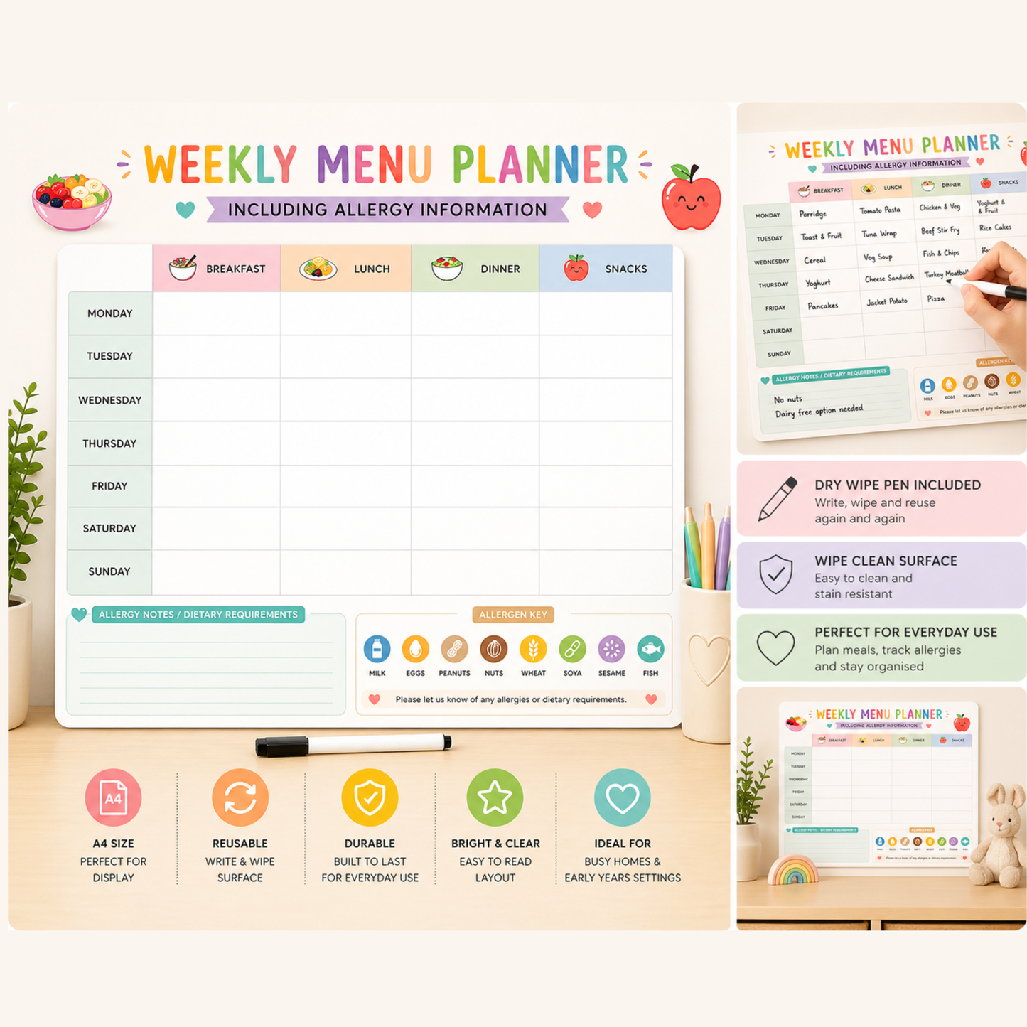 Weekly Menu Planner A4 | Reusable Wipe Clean Meal Planner with Allergy Information