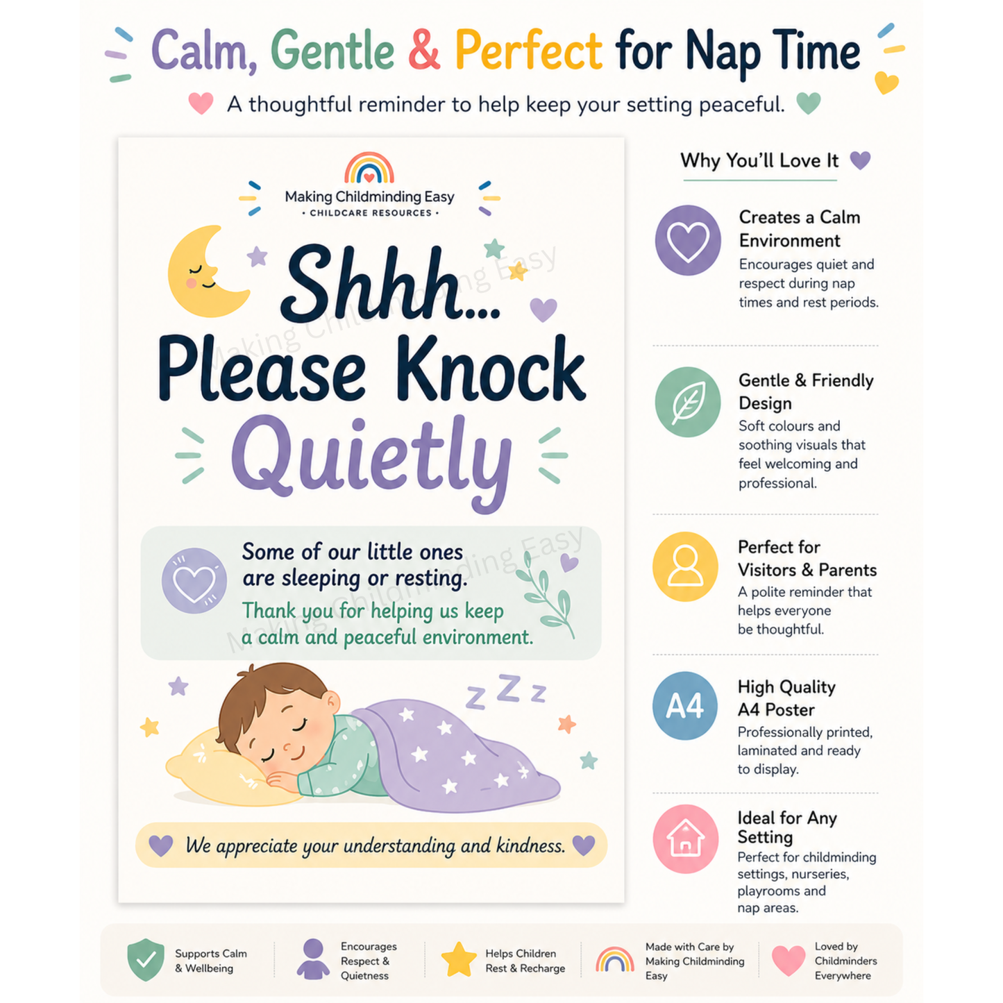 Please Knock Quietly Poster A4 | Nap Time Sign | Childcare Door Sign for Sleeping Children