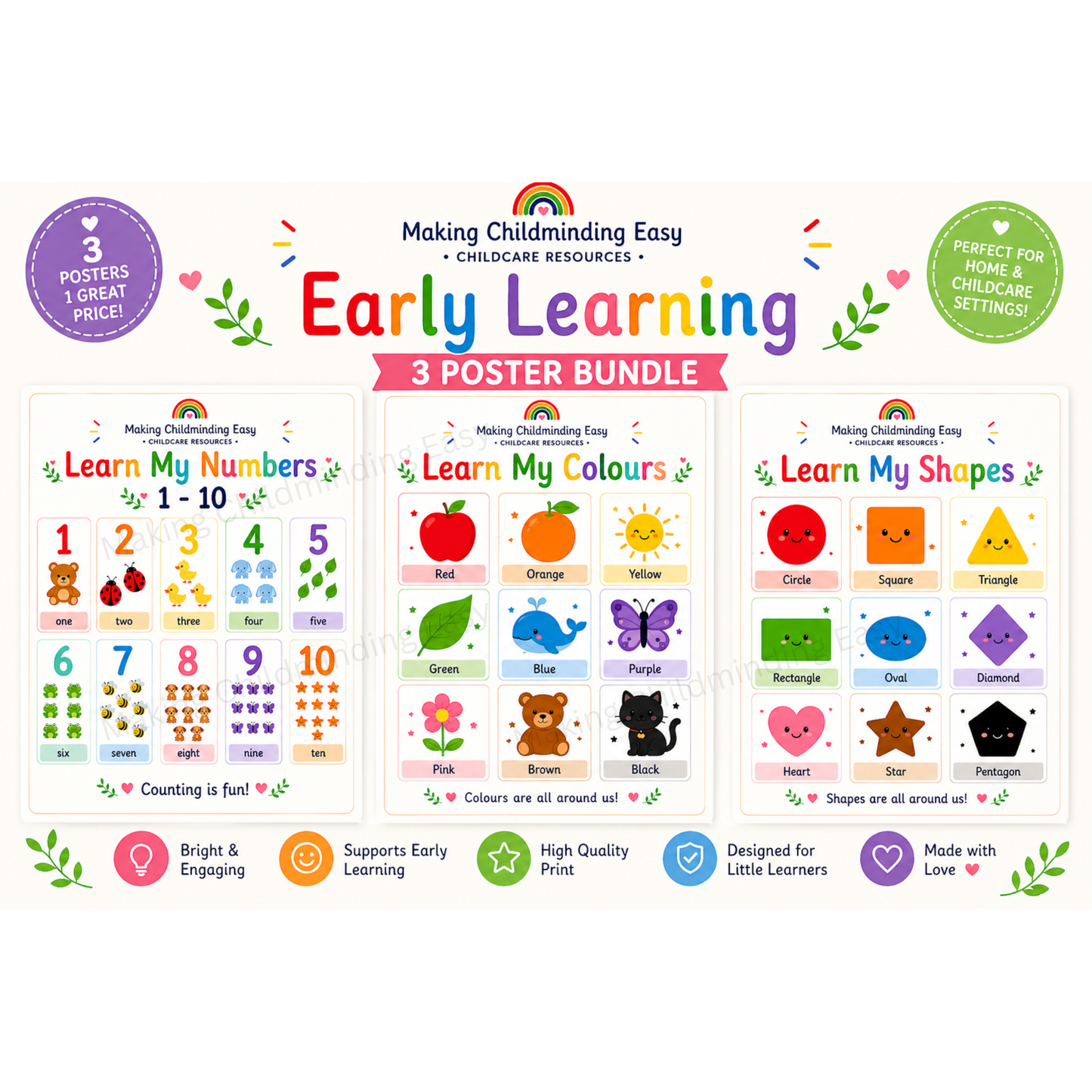 Early Learning Poster Bundle (3 Pack) A4 | Numbers Colours Shapes | EYFS Educational Wall Posters