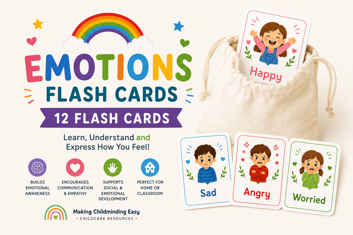 Emotions Flash Cards | Set of 12 Feelings & Emotions Cards for Children