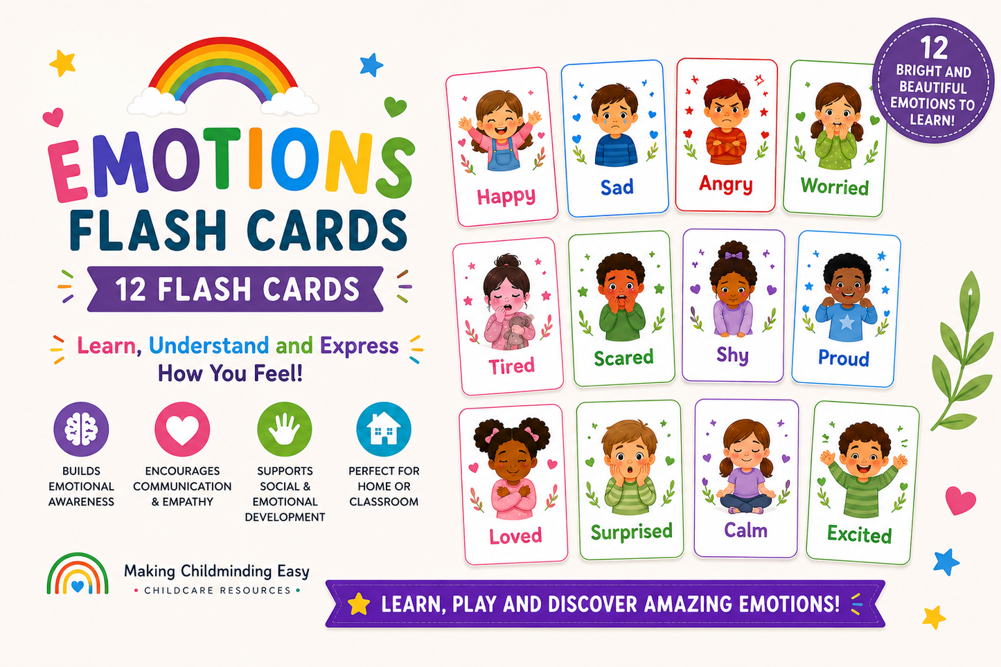 Emotions Flash Cards | Set of 12 Feelings & Emotions Cards for Children