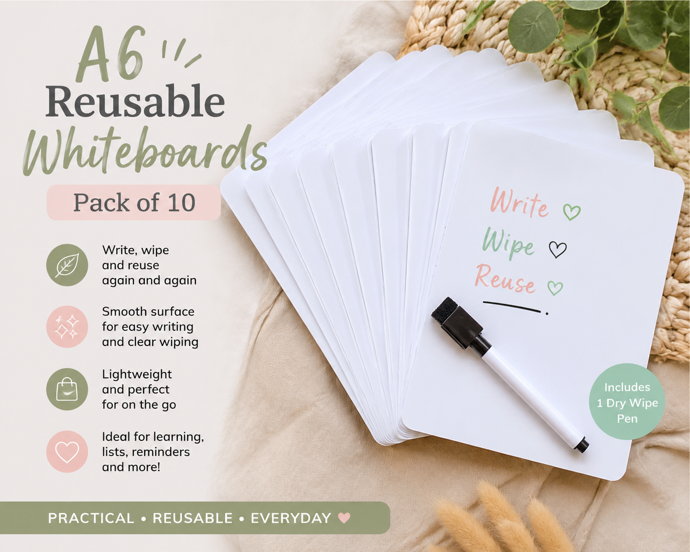 Reusable Wipe Clean Whiteboards | Includes Dry Wipe Pen