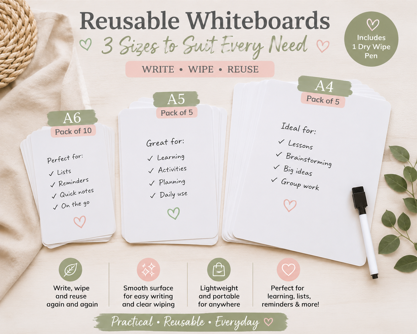 Reusable Wipe Clean Whiteboards | Includes Dry Wipe Pen