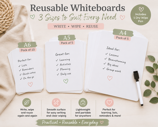Reusable Wipe Clean Whiteboards | Includes Dry Wipe Pen