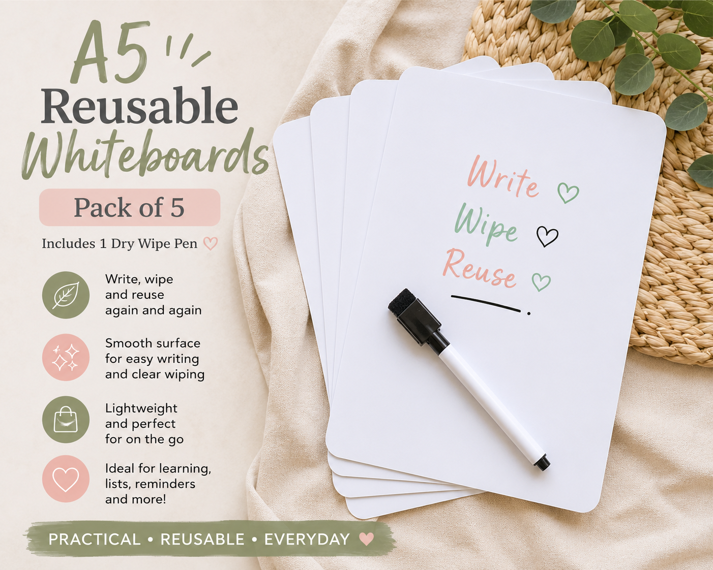 Reusable Wipe Clean Whiteboards | Includes Dry Wipe Pen