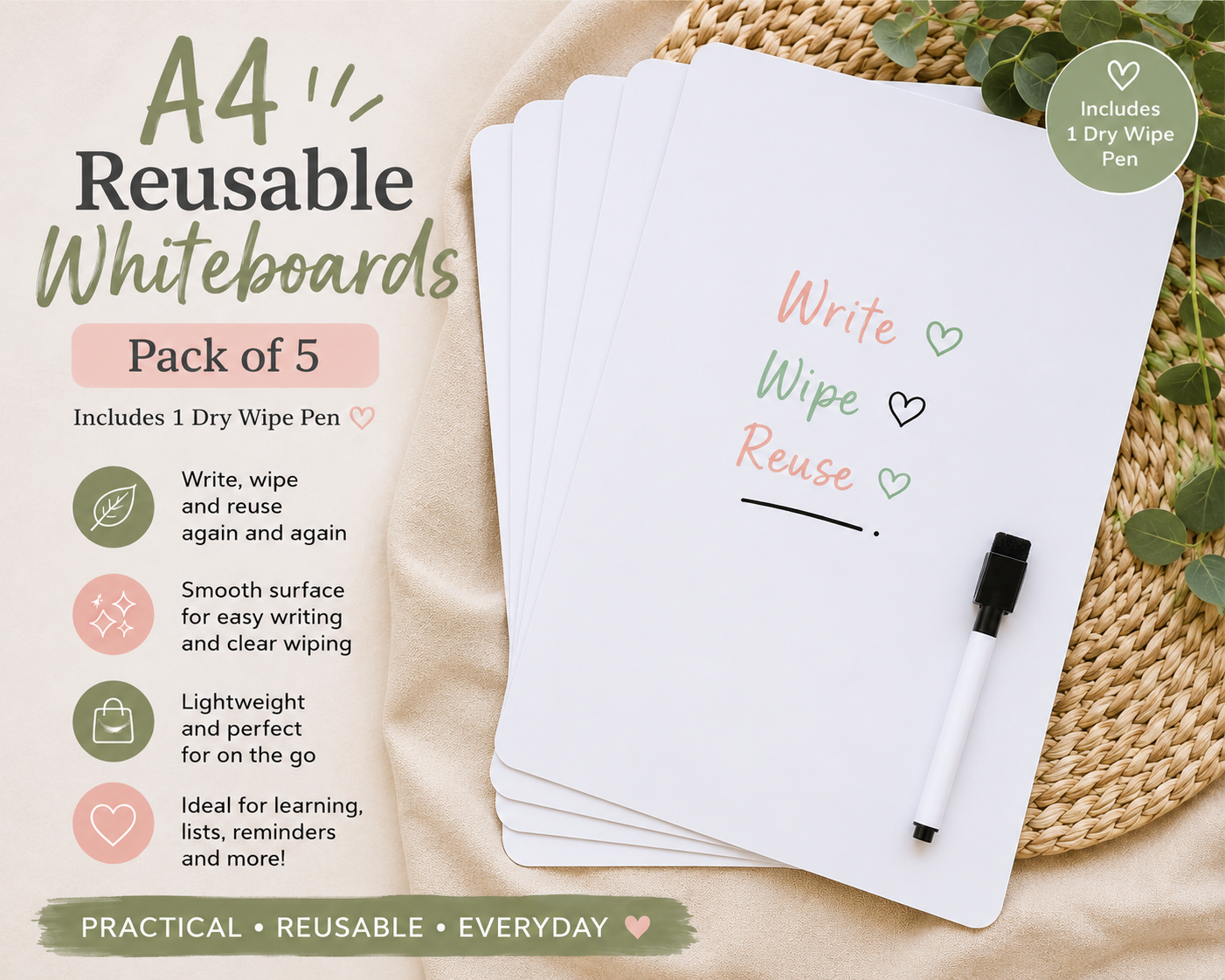 Reusable Wipe Clean Whiteboards | Includes Dry Wipe Pen